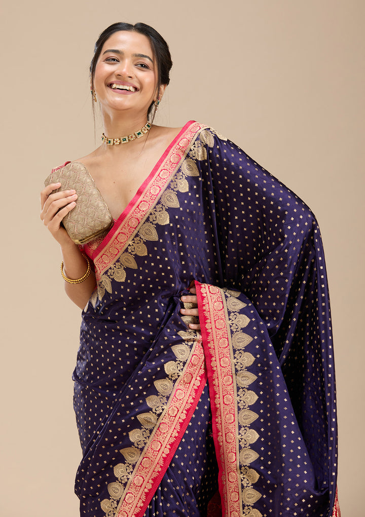 Navy Blue Silk Buti Gold Zariwork Saree With Matching Blouse Piece