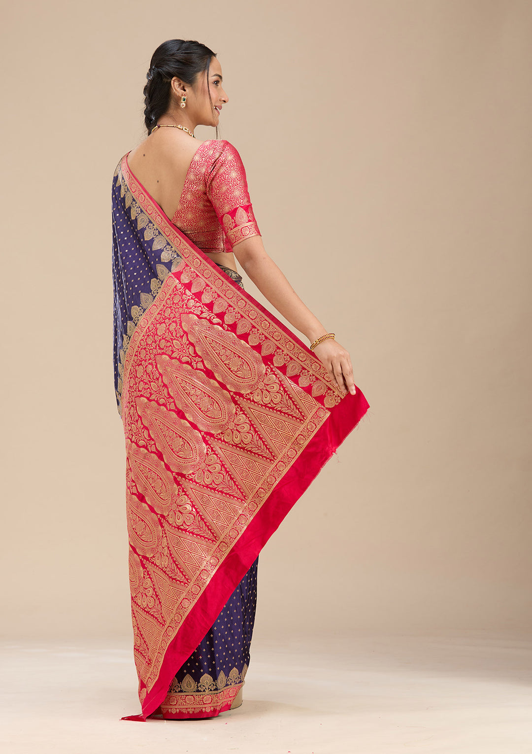 Navy Blue Silk Buti Gold Zariwork Saree With Matching Blouse Piece