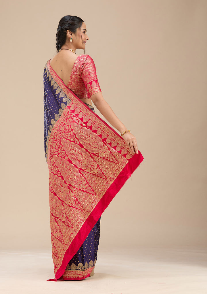 Navy Blue Silk Buti Gold Zariwork Saree With Matching Blouse Piece