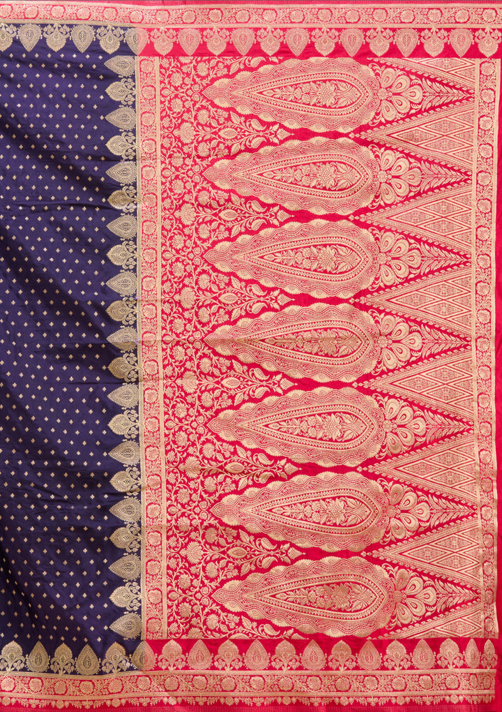 Navy Blue Silk Buti Gold Zariwork Saree With Matching Blouse Piece