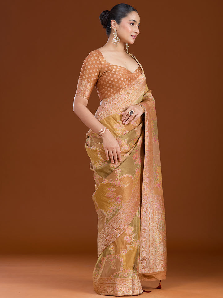 Mustard Cutdana Chiffon Silk Saree