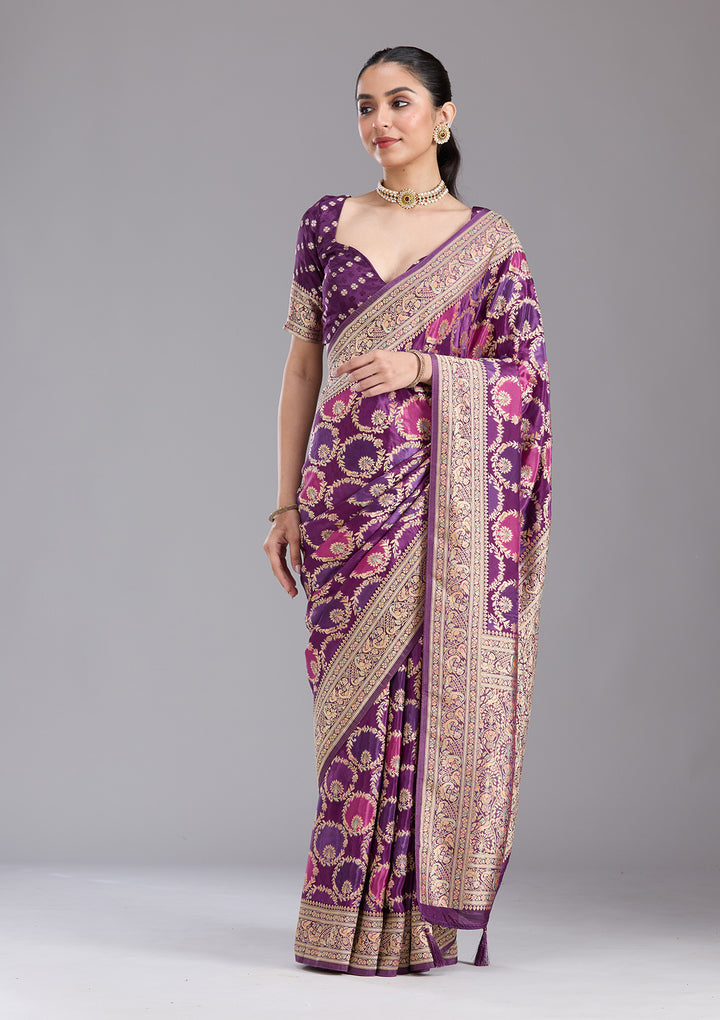 Purple Silk Jaal Saree With Matching Blouse Piece
