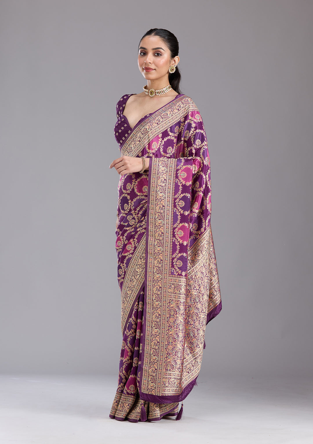 Purple Silk Jaal Saree With Matching Blouse Piece