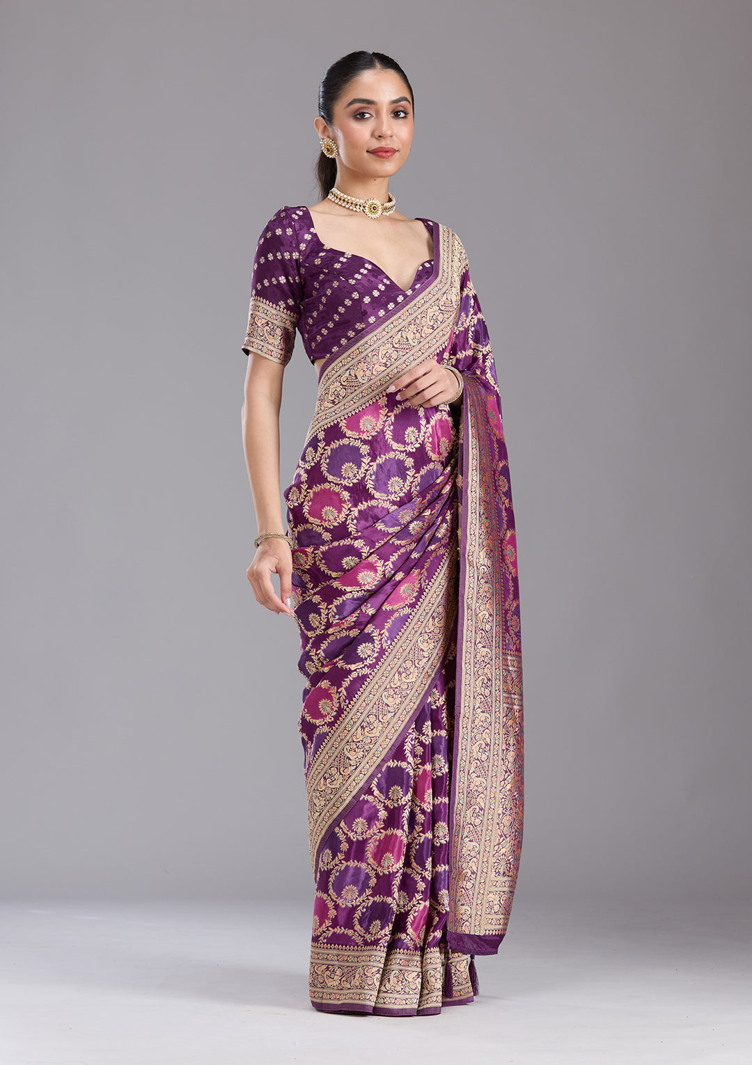 Purple Silk Jaal Saree With Matching Blouse Piece