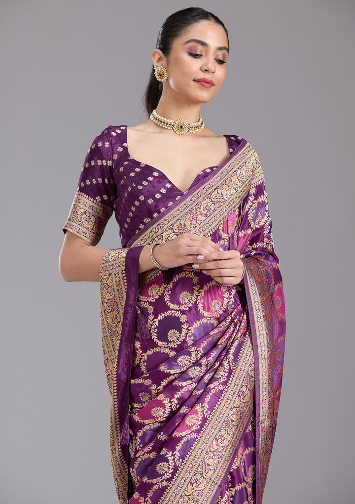 Purple Silk Jaal Saree With Matching Blouse Piece