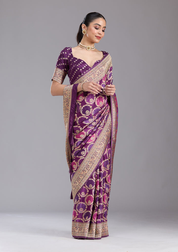 Purple Silk Jaal Saree With Matching Blouse Piece