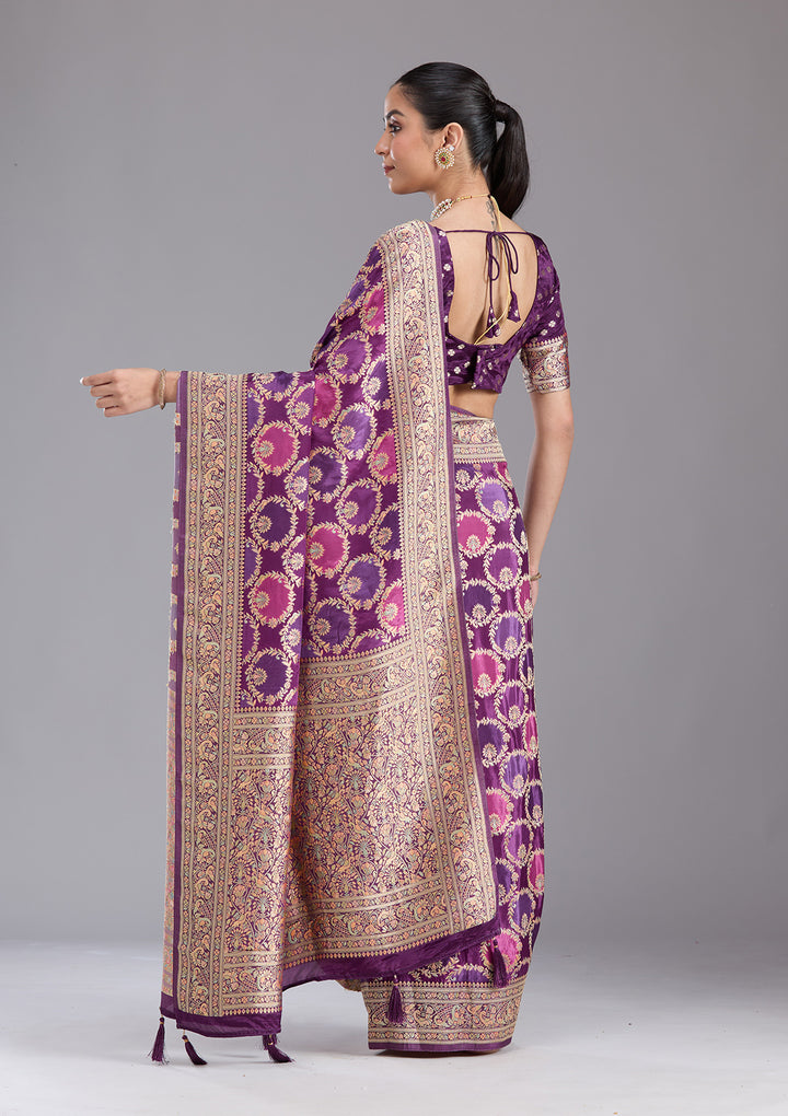 Purple Silk Jaal Saree With Matching Blouse Piece