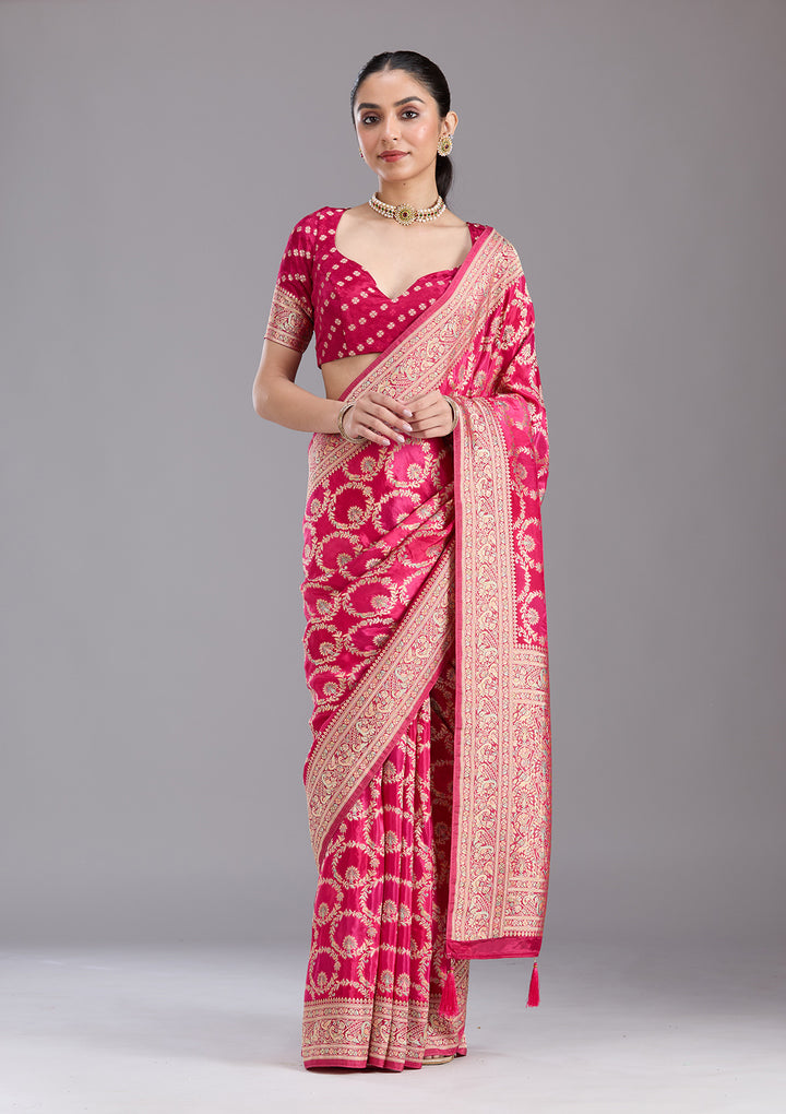 Rani Pink Silk Jaal Saree With Matching Blouse Piece