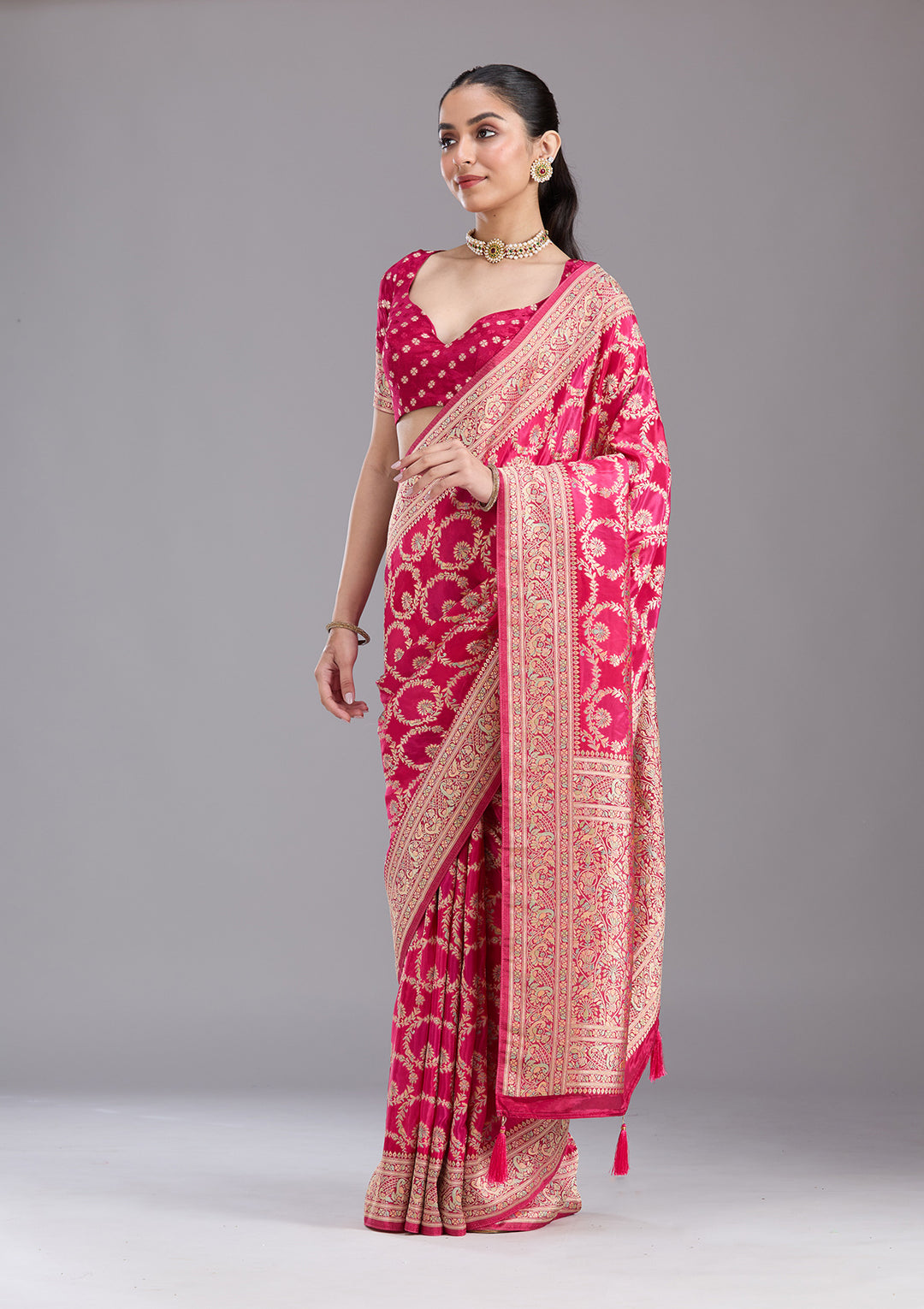 Rani Pink Silk Jaal Saree With Matching Blouse Piece
