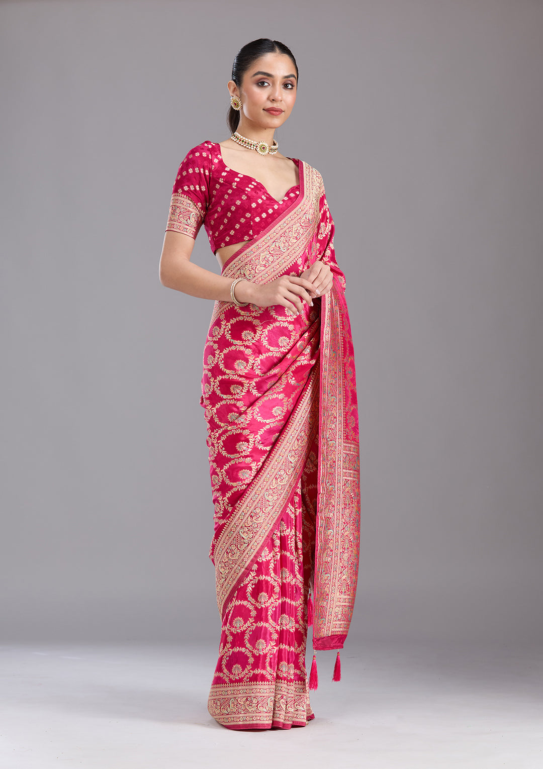Rani Pink Silk Jaal Saree With Matching Blouse Piece