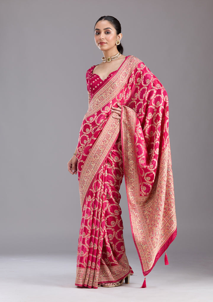 Rani Pink Silk Jaal Saree With Matching Blouse Piece