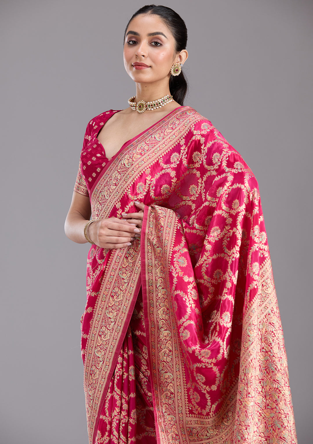 Rani Pink Silk Jaal Saree With Matching Blouse Piece