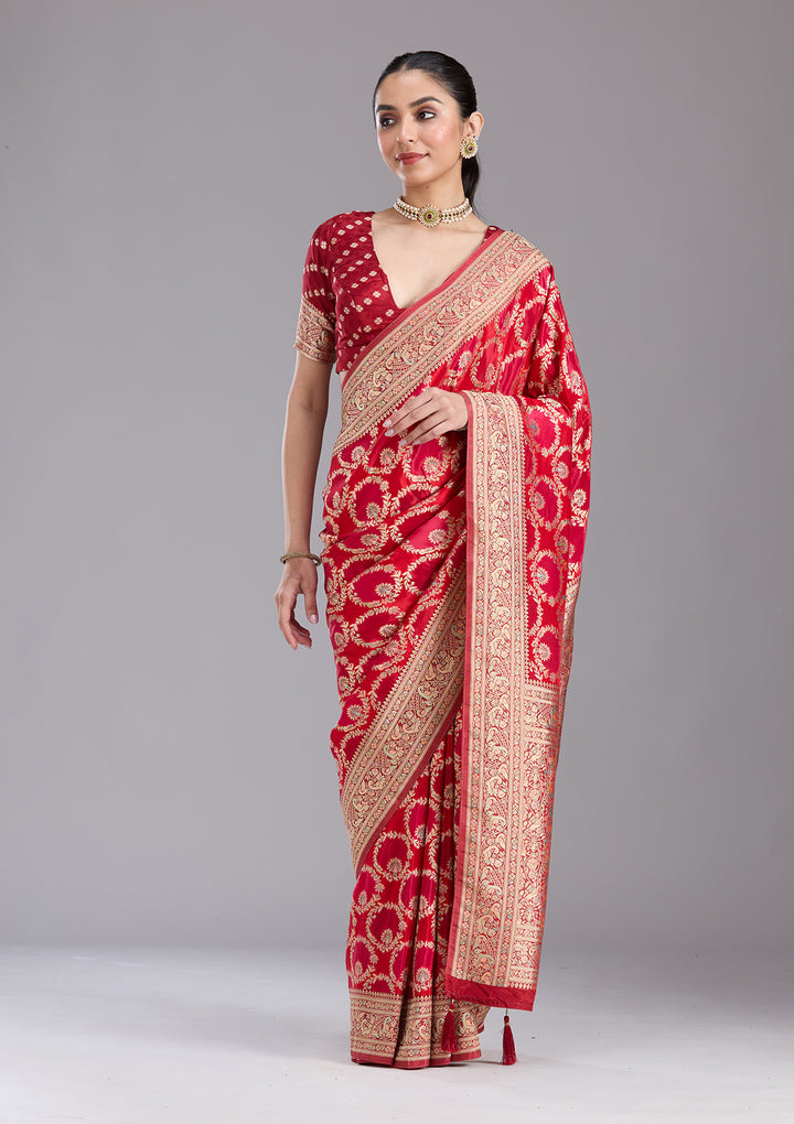 Red Silk Jaal Saree With Matching Blouse Piece