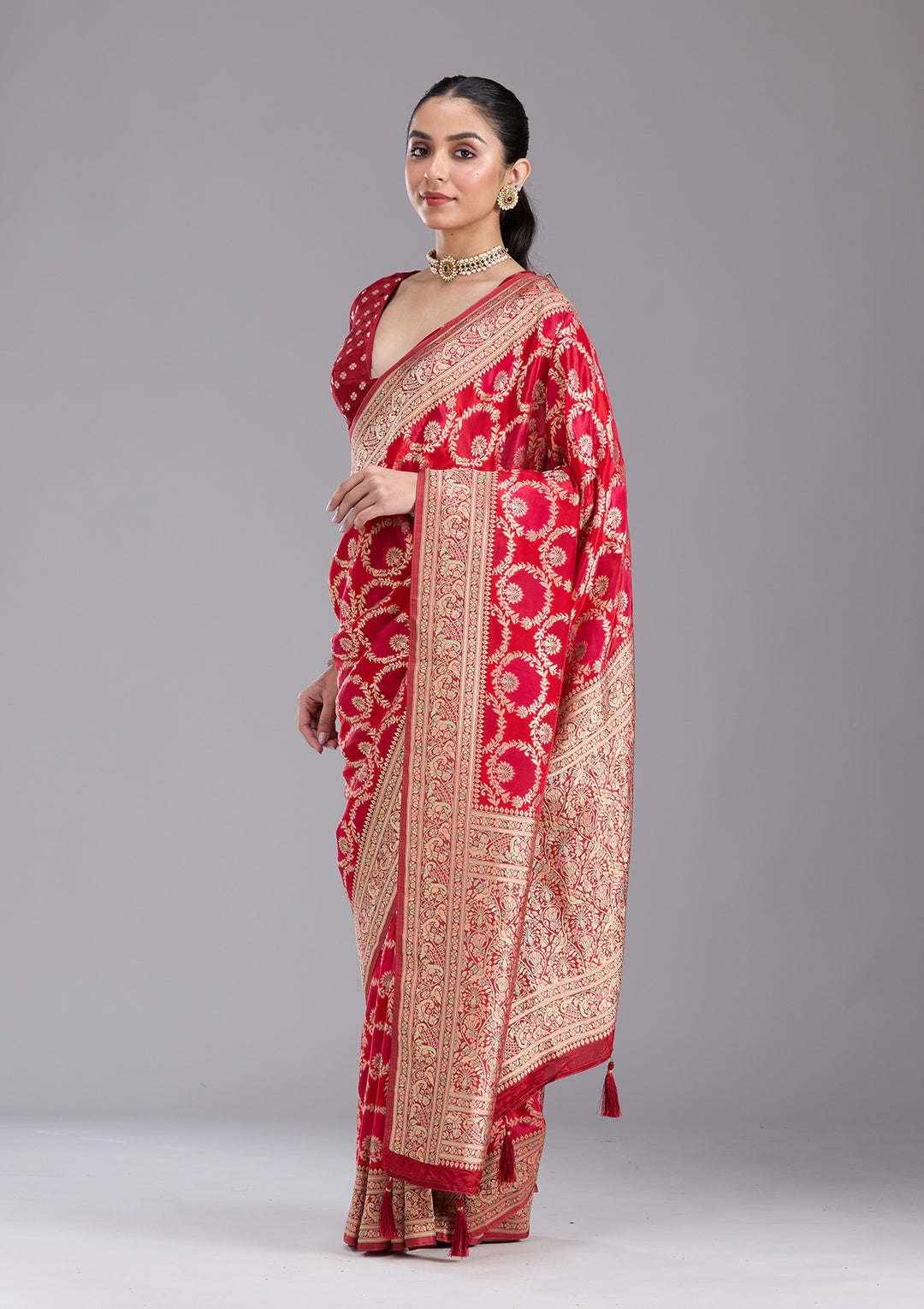 Red Silk Jaal Saree With Matching Blouse Piece
