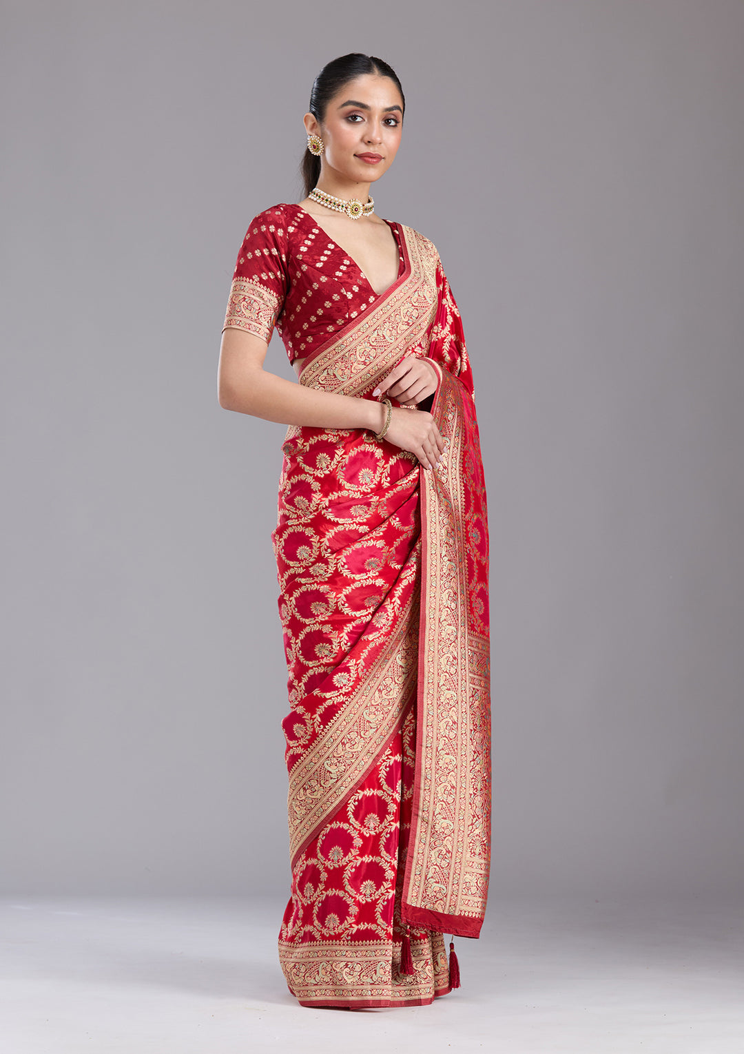 Red Silk Jaal Saree With Matching Blouse Piece