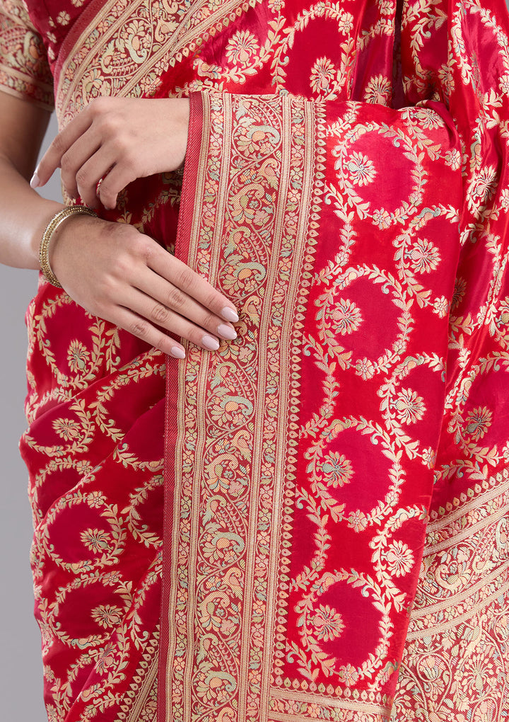 Red Silk Jaal Saree With Matching Blouse Piece