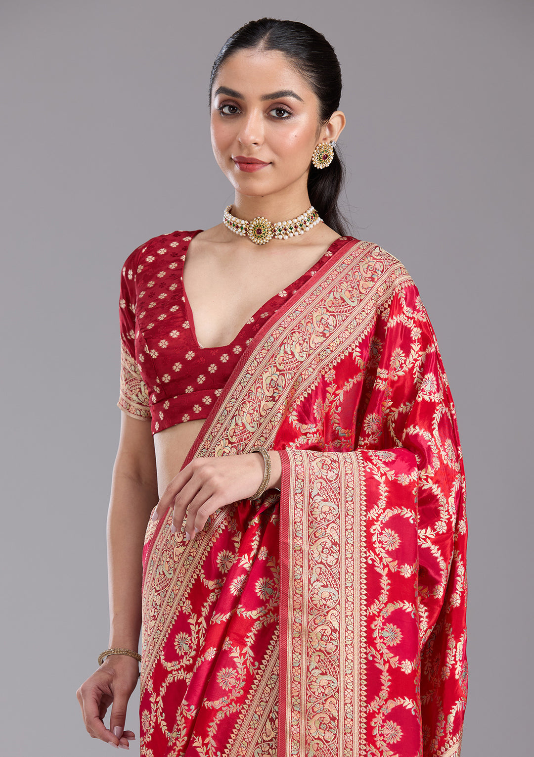 Red Silk Jaal Saree With Matching Blouse Piece