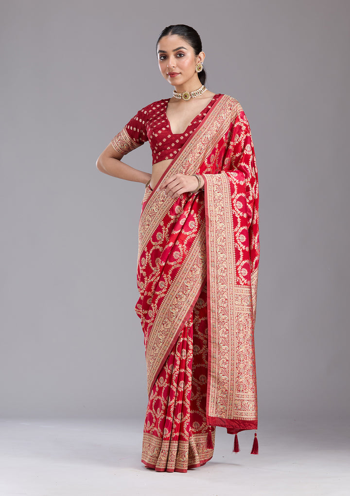 Red Silk Jaal Saree With Matching Blouse Piece