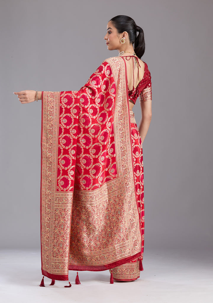 Red Silk Jaal Saree With Matching Blouse Piece