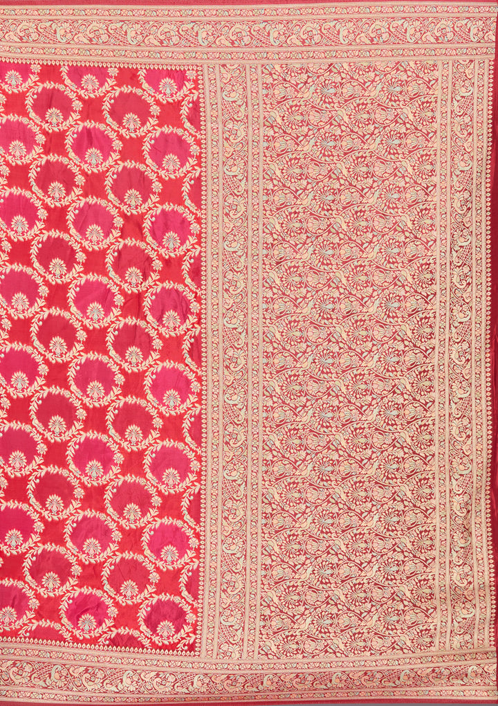 Red Silk Jaal Saree With Matching Blouse Piece