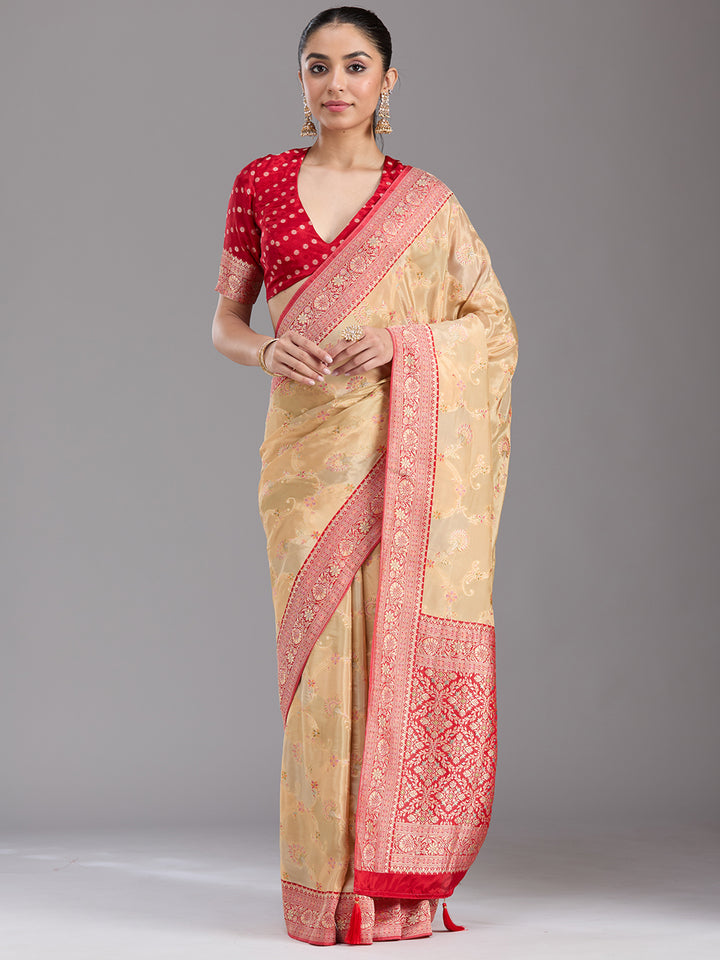 Beige Silk Jaal Gold Zariwork Saree With Matching Blouse Piece