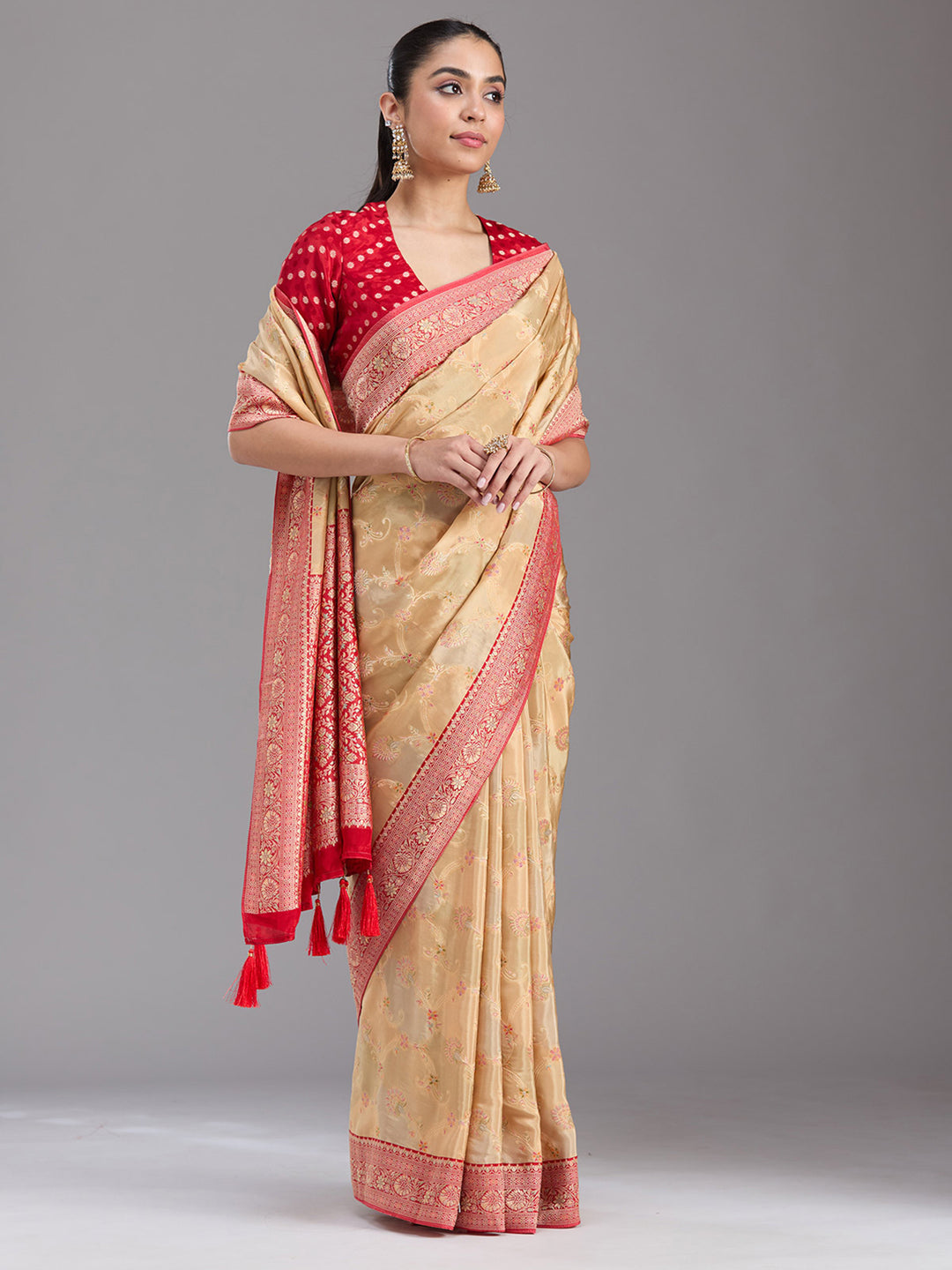 Beige Silk Jaal Gold Zariwork Saree With Matching Blouse Piece