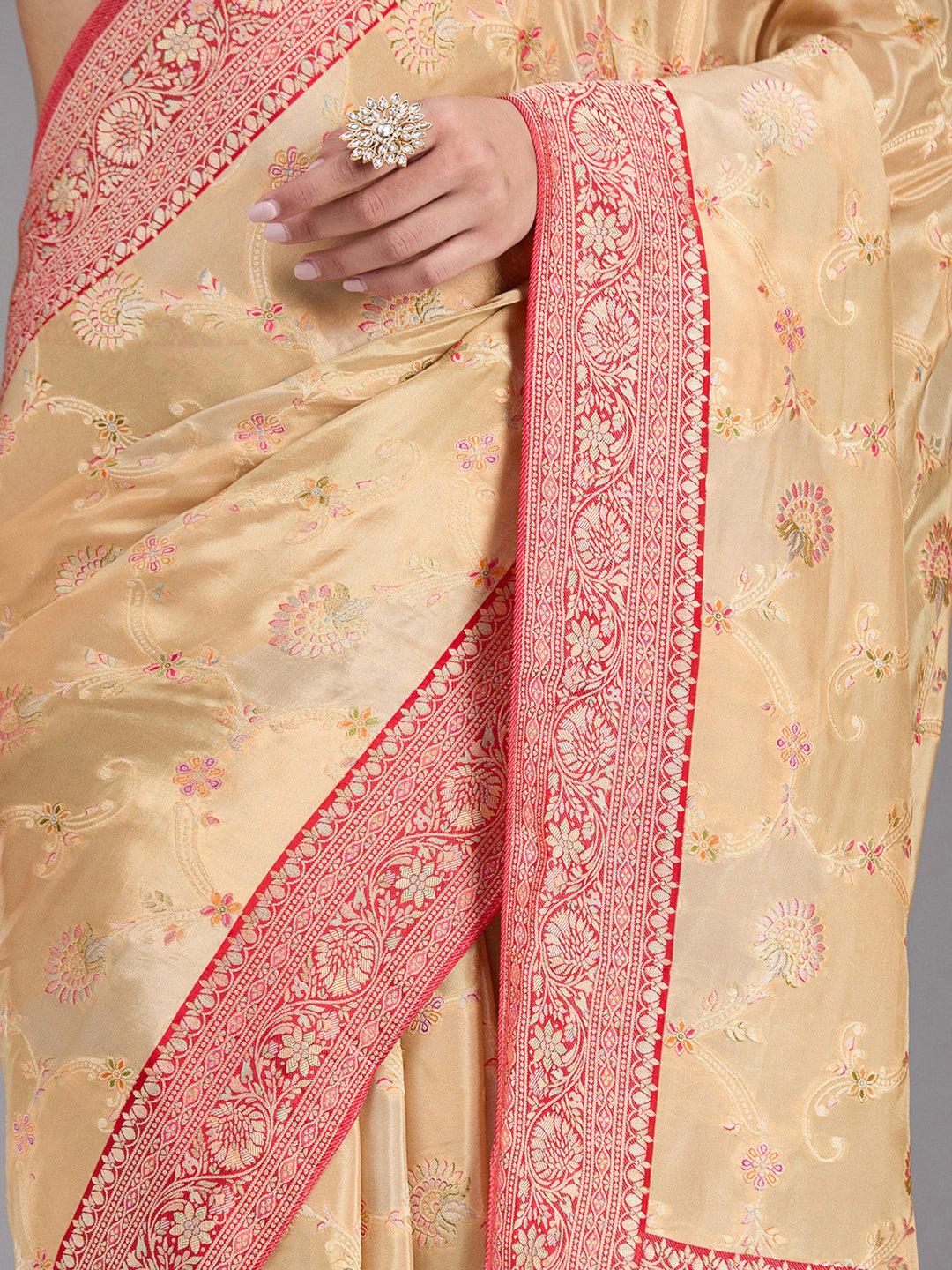 Beige Silk Jaal Gold Zariwork Saree With Matching Blouse Piece