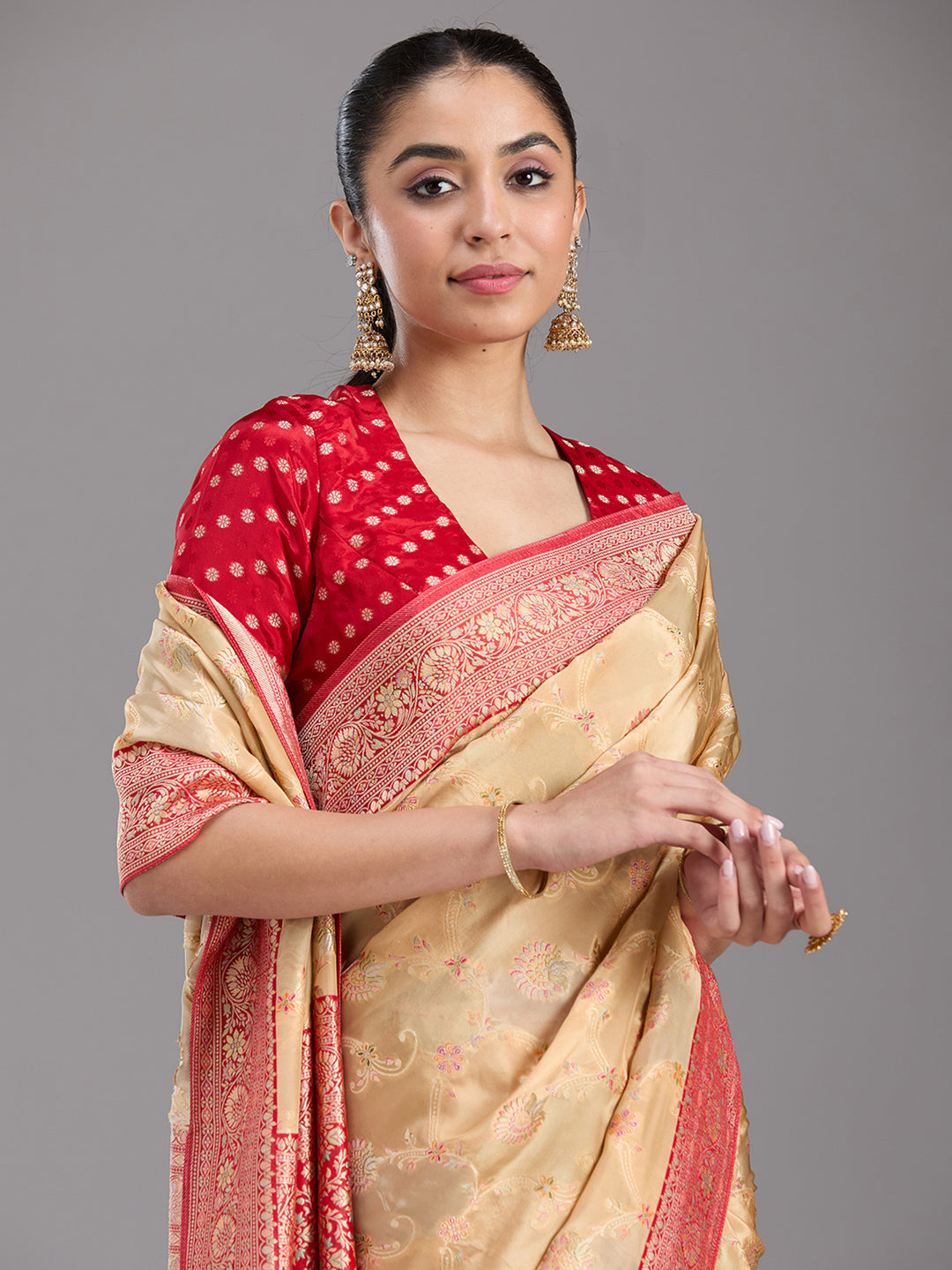 Beige Silk Jaal Gold Zariwork Saree With Matching Blouse Piece