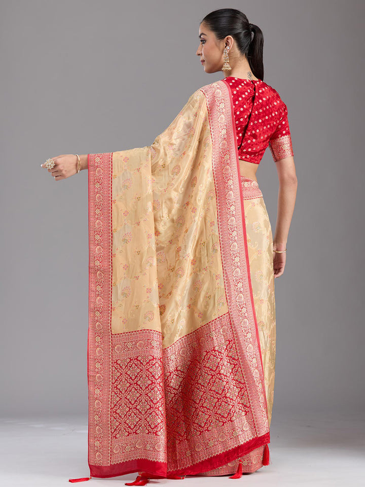 Beige Silk Jaal Gold Zariwork Saree With Matching Blouse Piece
