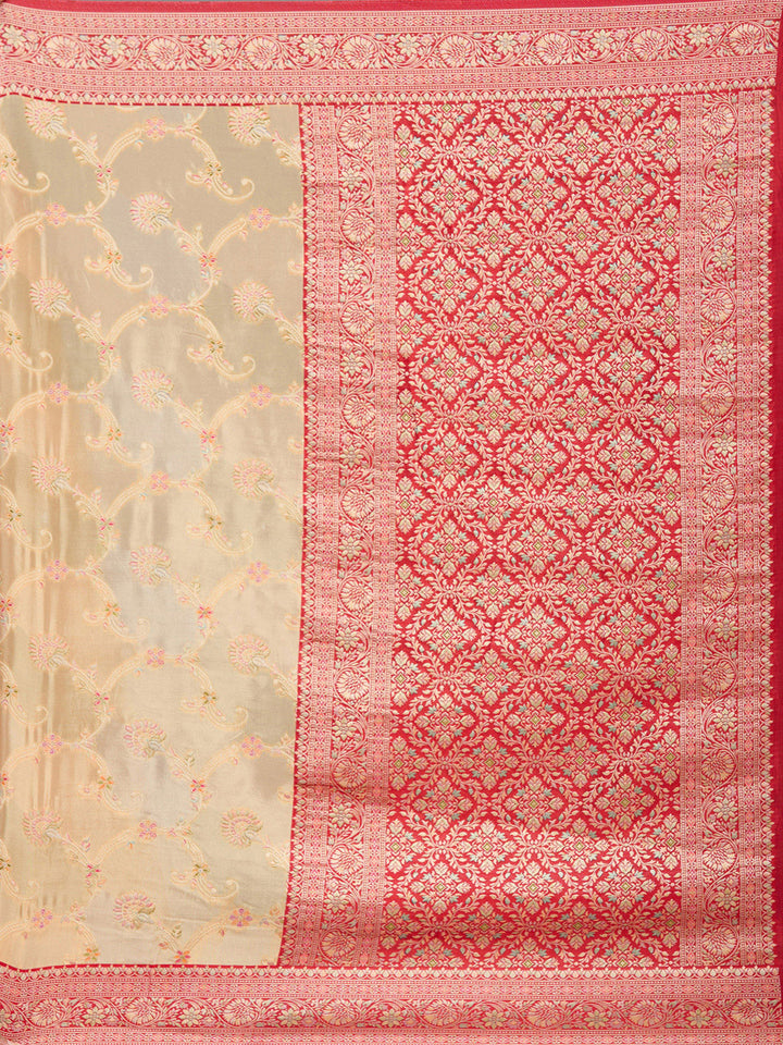 Beige Silk Jaal Gold Zariwork Saree With Matching Blouse Piece