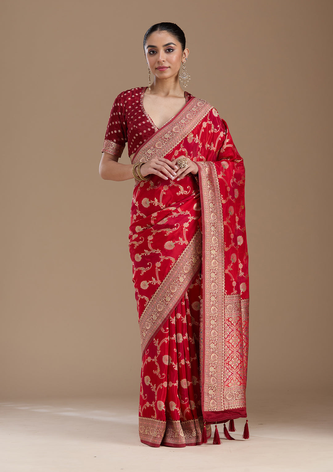Red Silk Jaal Gold Zariwork Saree With Matching Blouse Piece
