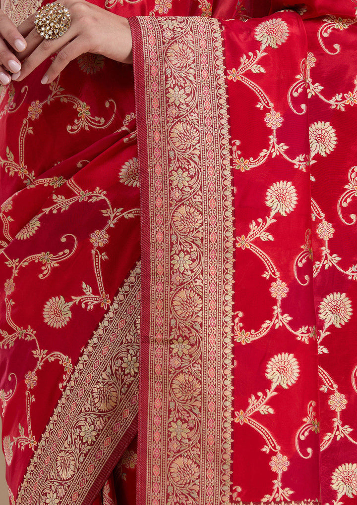 Red Silk Jaal Gold Zariwork Saree With Matching Blouse Piece