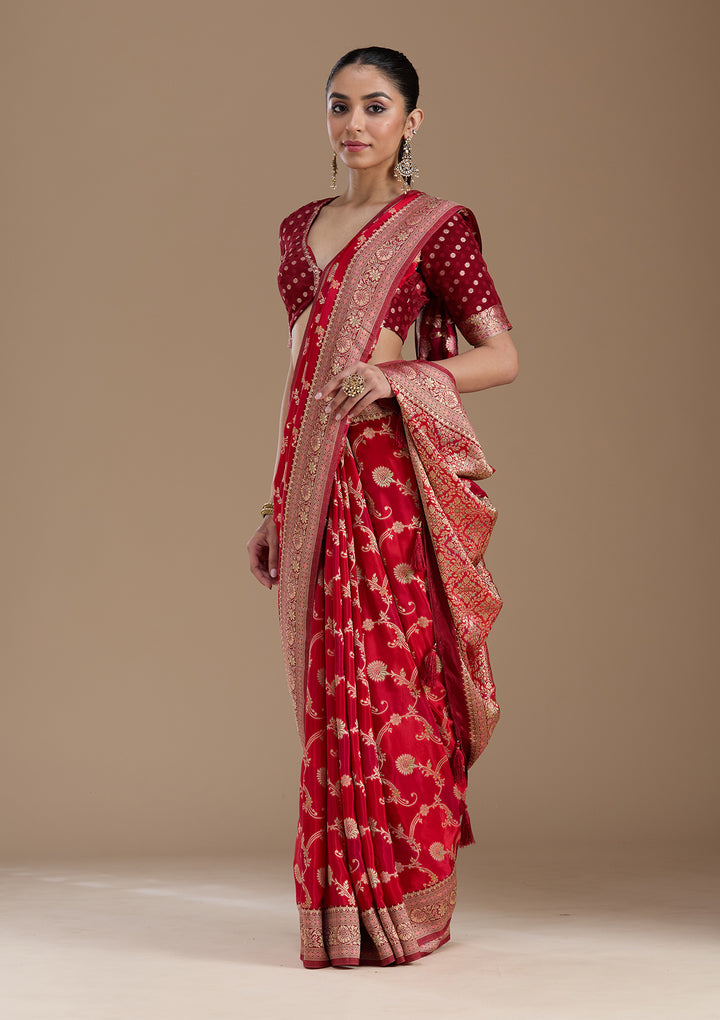 Red Silk Jaal Gold Zariwork Saree With Matching Blouse Piece
