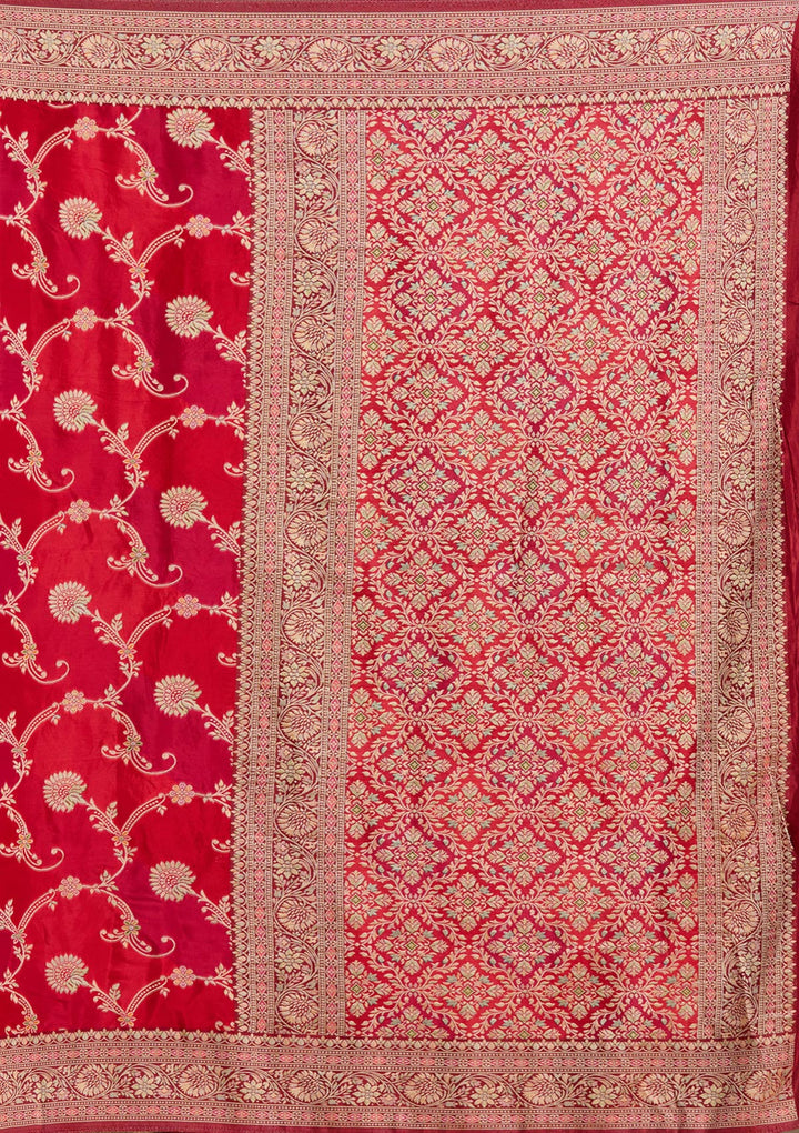 Red Silk Jaal Gold Zariwork Saree With Matching Blouse Piece
