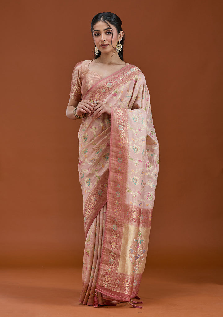 Baby Pink Silk Jaal Saree With Matching Blouse Piece