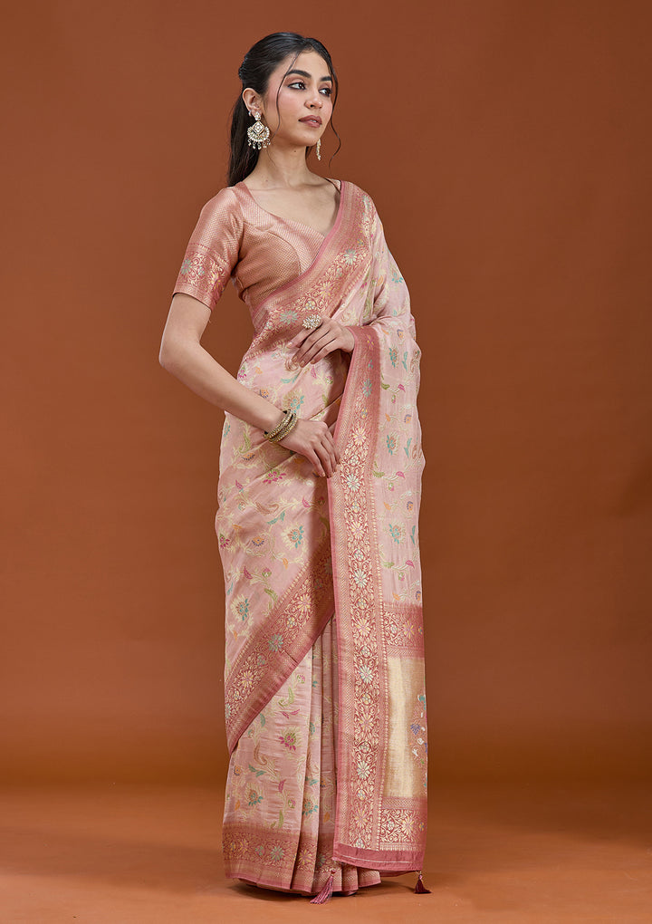 Baby Pink Silk Jaal Saree With Matching Blouse Piece