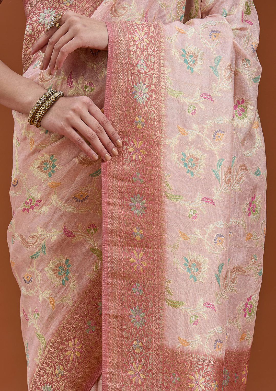 Baby Pink Silk Jaal Saree With Matching Blouse Piece
