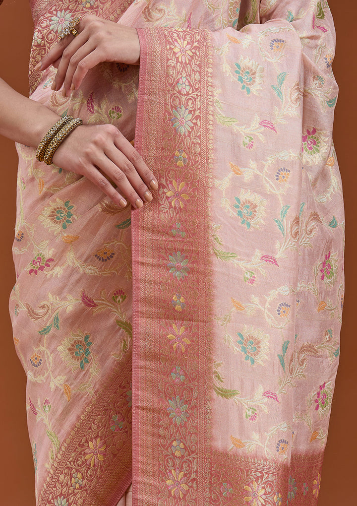 Baby Pink Silk Jaal Saree With Matching Blouse Piece
