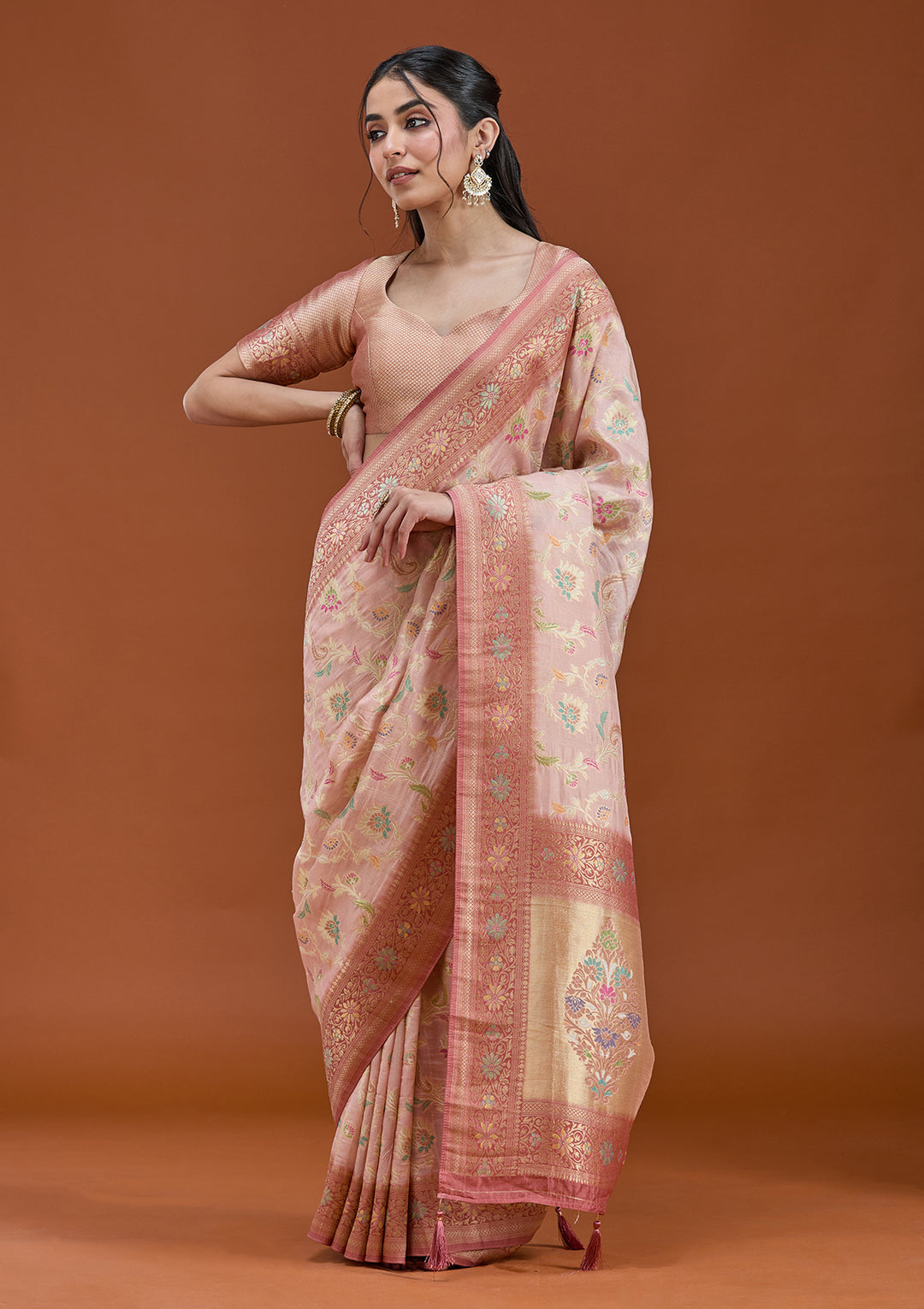 Baby Pink Silk Jaal Saree With Matching Blouse Piece