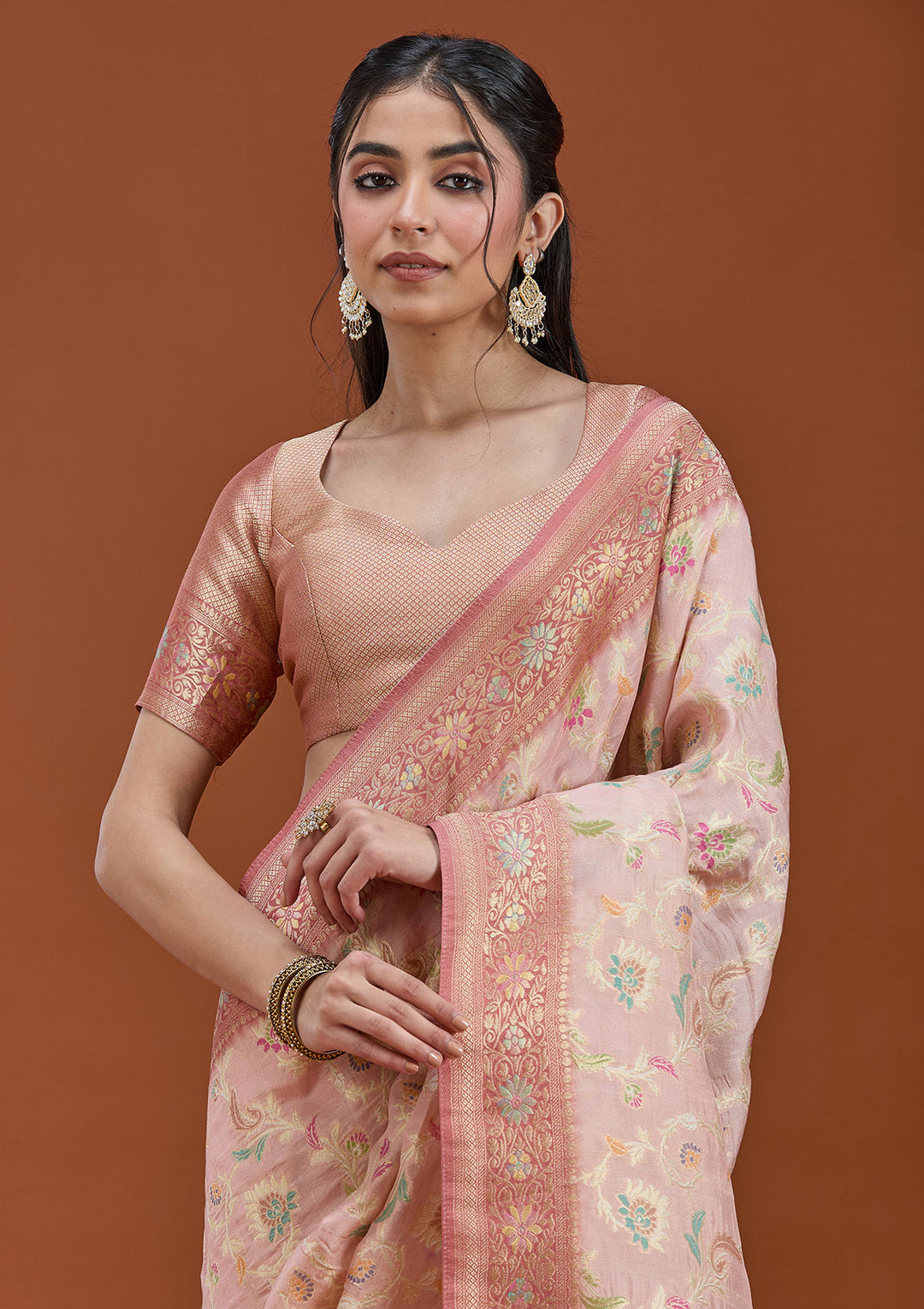 Baby Pink Silk Jaal Saree With Matching Blouse Piece