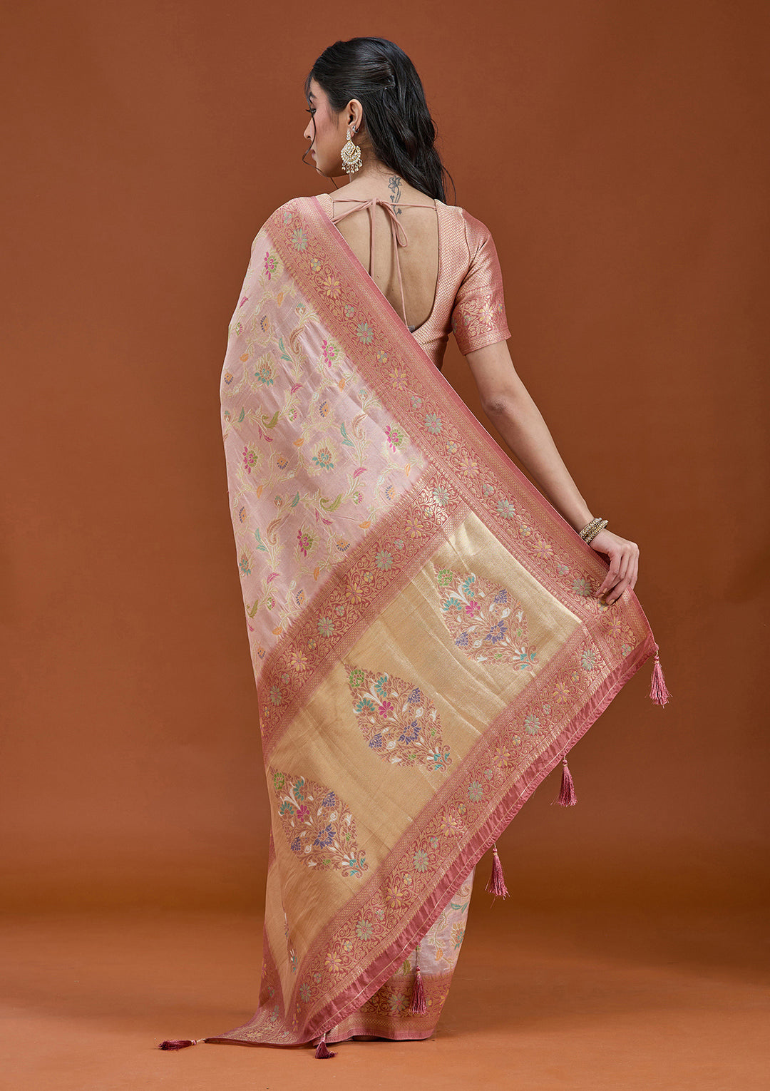 Baby Pink Silk Jaal Saree With Matching Blouse Piece