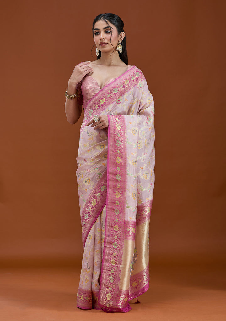 Lavender Silk Jaal Saree With Matching Blouse Piece