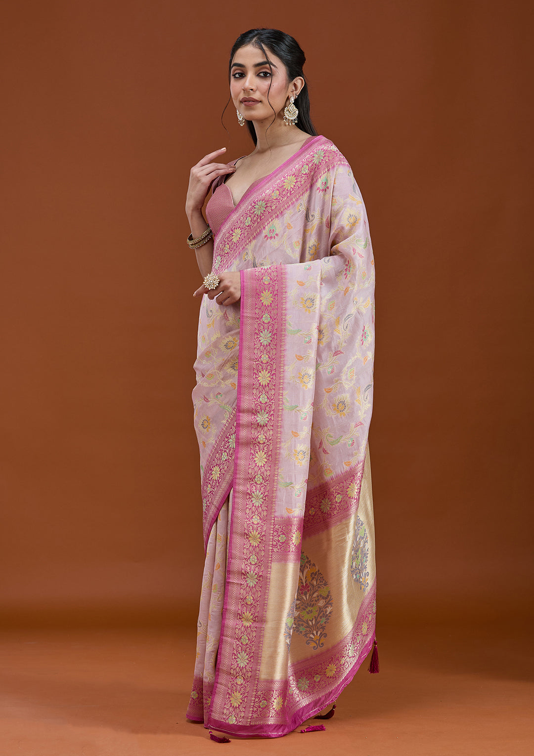 Lavender Silk Jaal Saree With Matching Blouse Piece
