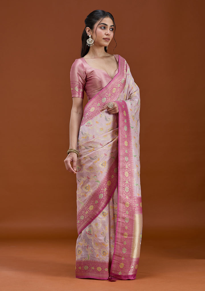 Lavender Silk Jaal Saree With Matching Blouse Piece