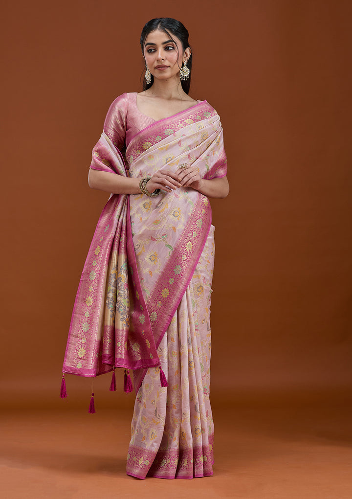 Lavender Silk Jaal Saree With Matching Blouse Piece