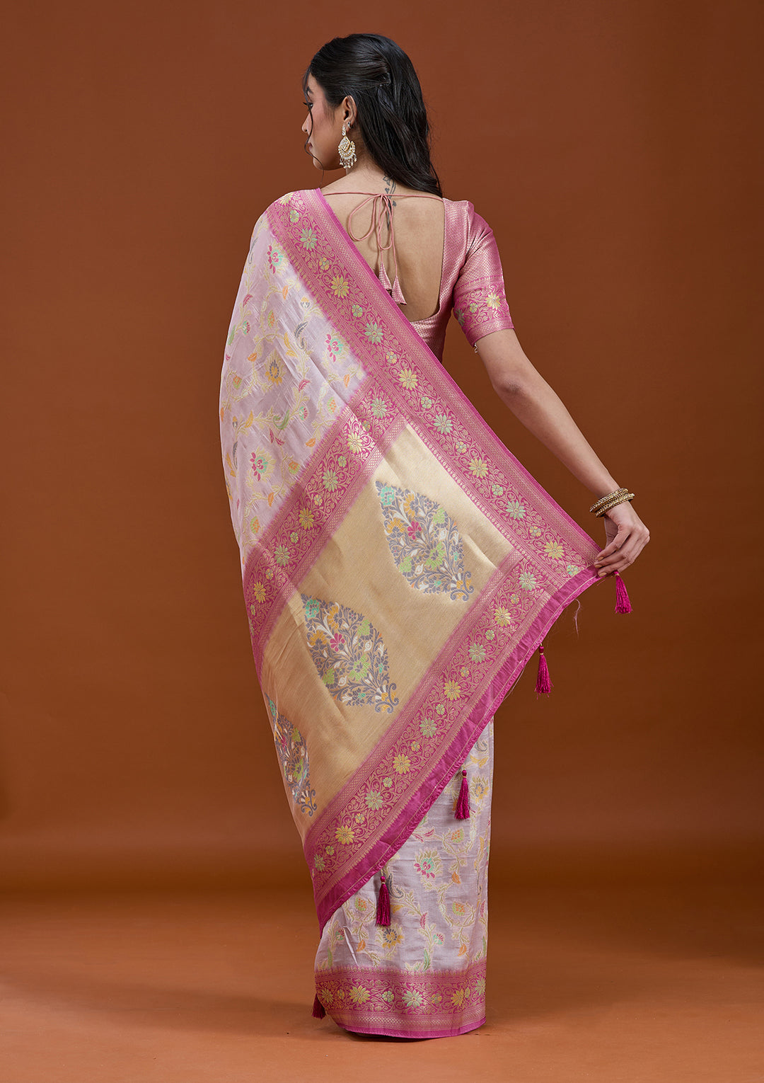 Lavender Silk Jaal Saree With Matching Blouse Piece