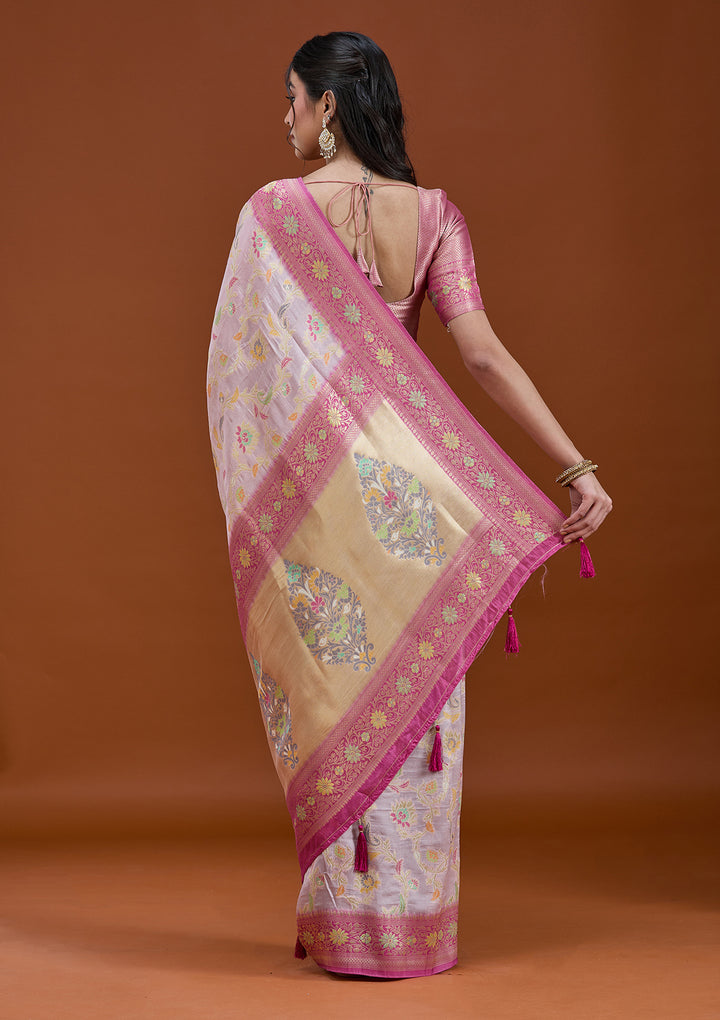 Lavender Silk Jaal Saree With Matching Blouse Piece