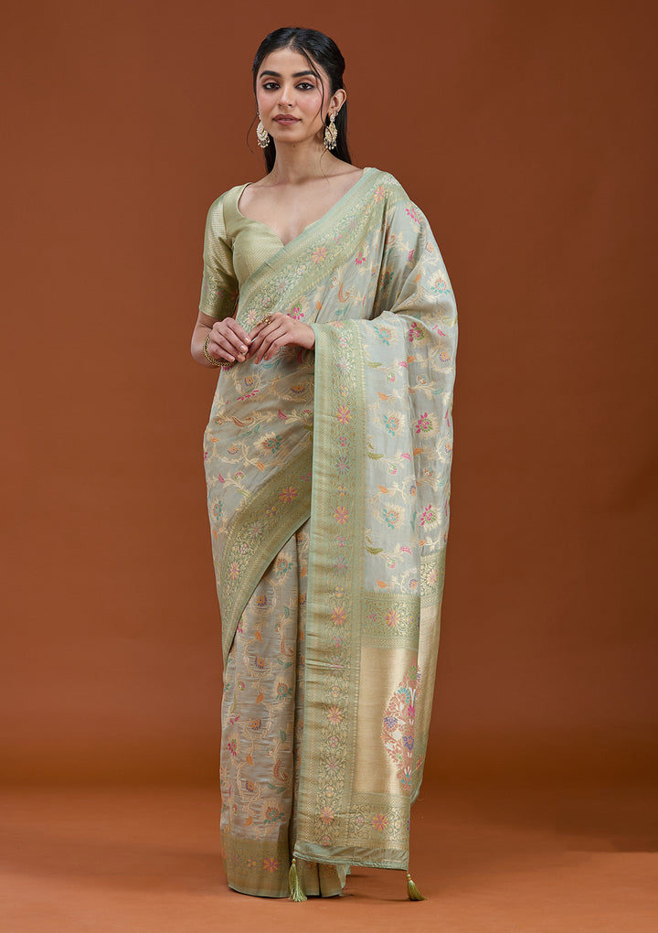 Pista Green Silk Jaal Saree With Matching Blouse Piece