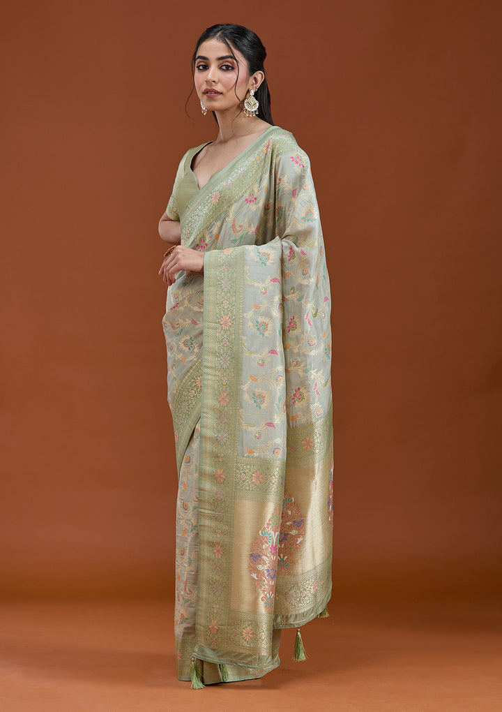 Pista Green Silk Jaal Saree With Matching Blouse Piece