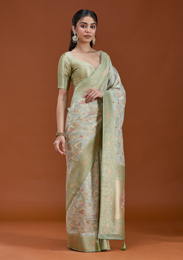 Pista Green Silk Jaal Saree With Matching Blouse Piece
